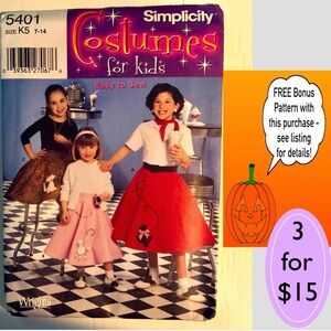 3/$15 Simplicity 5401 uncut child’s and girls’ Poodle Skirts (7-14)